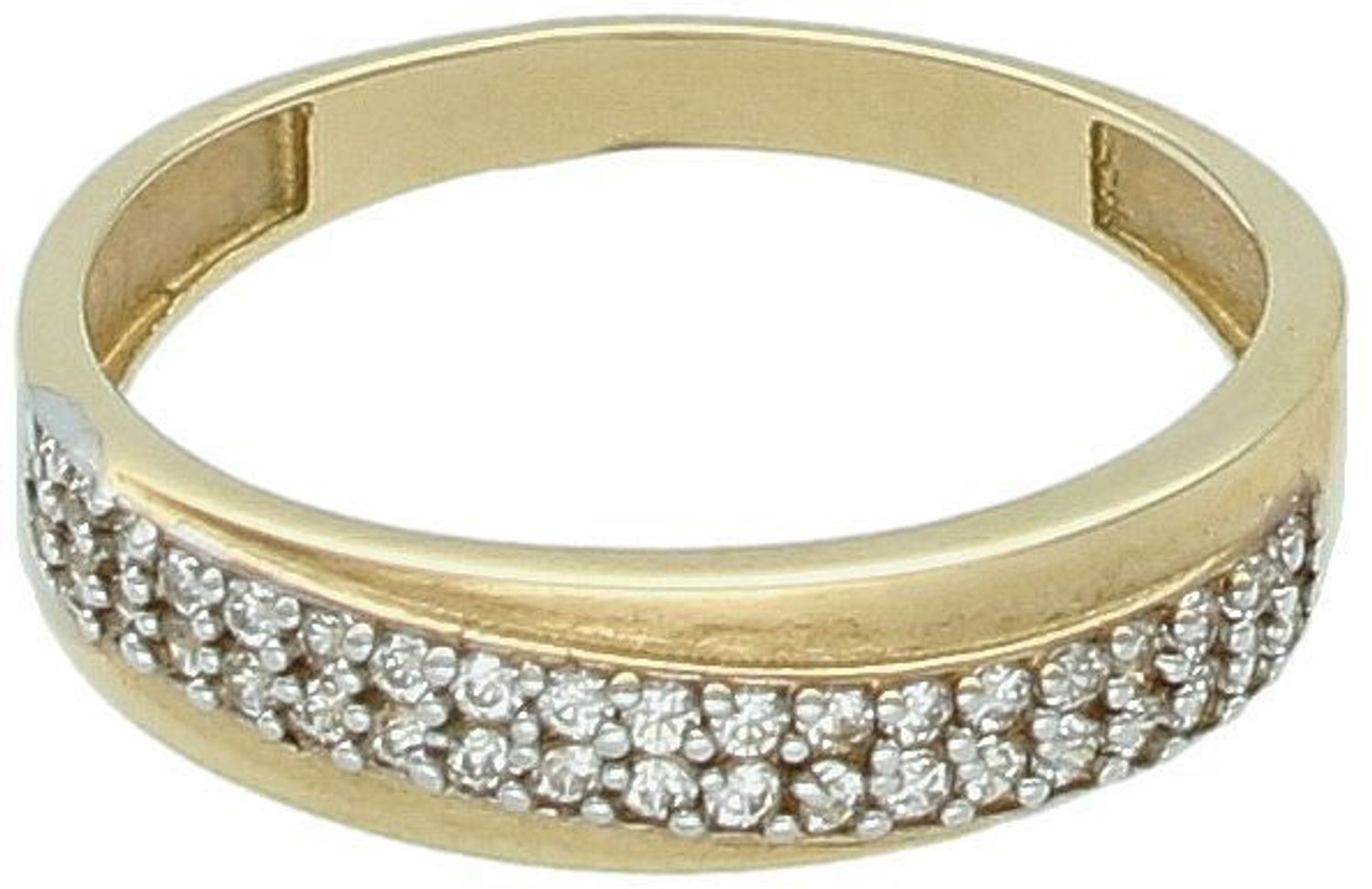 Pierścionek damski ze złota próby 585, zdobiony lśniącymi cyrkoniami. Waga 2,03 g, szerokość góry 5 mm, rozmiar 13. Idealny na prezent i wyjątkowe okazje.1.jpg